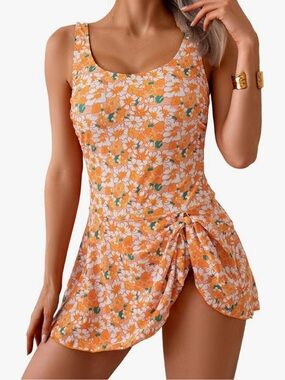 Orange Floral Scoop Neck Swim Dress